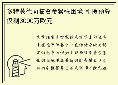 多特蒙德面临资金紧张困境 引援预算仅剩3000万欧元
