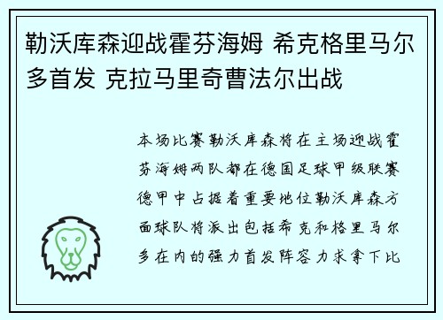 勒沃库森迎战霍芬海姆 希克格里马尔多首发 克拉马里奇曹法尔出战