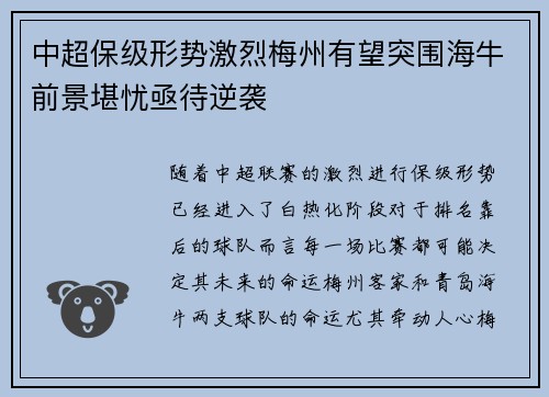 中超保级形势激烈梅州有望突围海牛前景堪忧亟待逆袭
